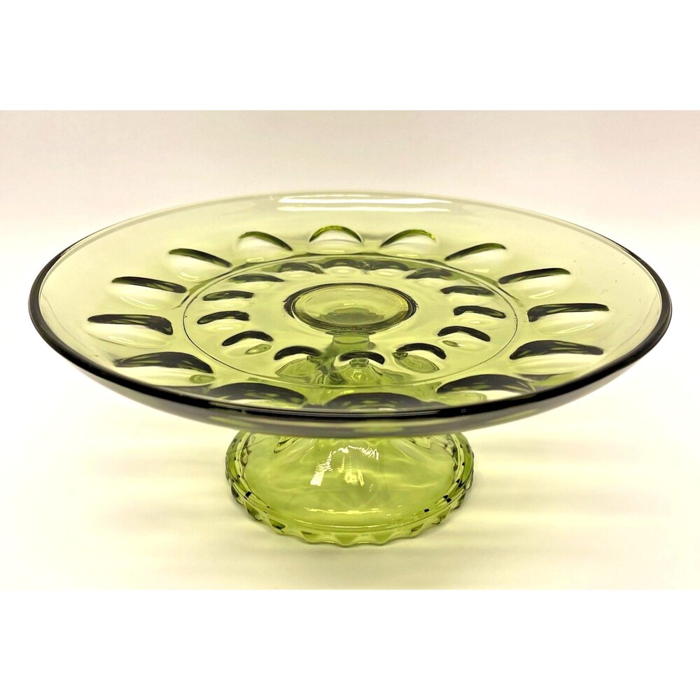 Vintage Hazel Atlas Reflection Avocado Green Glass Pedestal Cake Stand 9.5"
